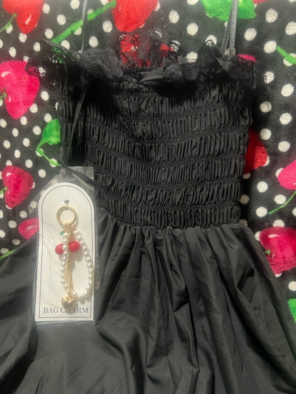Black Smocked Lace-Trim Sundress with Pearl & Red Charm